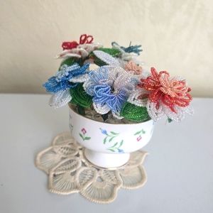 French Beaded Glass Bouquet 6 Flowers & Leaves Hand Made Spring Colors Royal Vic